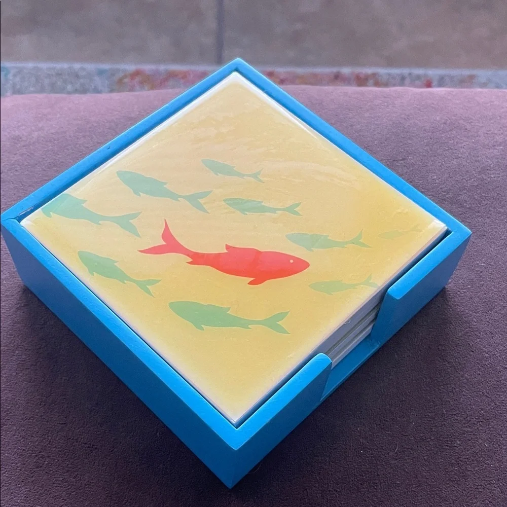 4 Vibrant Fish Coaster Set with Blue Holder